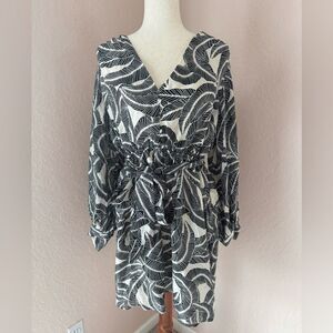 NWT H&M black and white tie belt long sleeve mini dress twill sz L